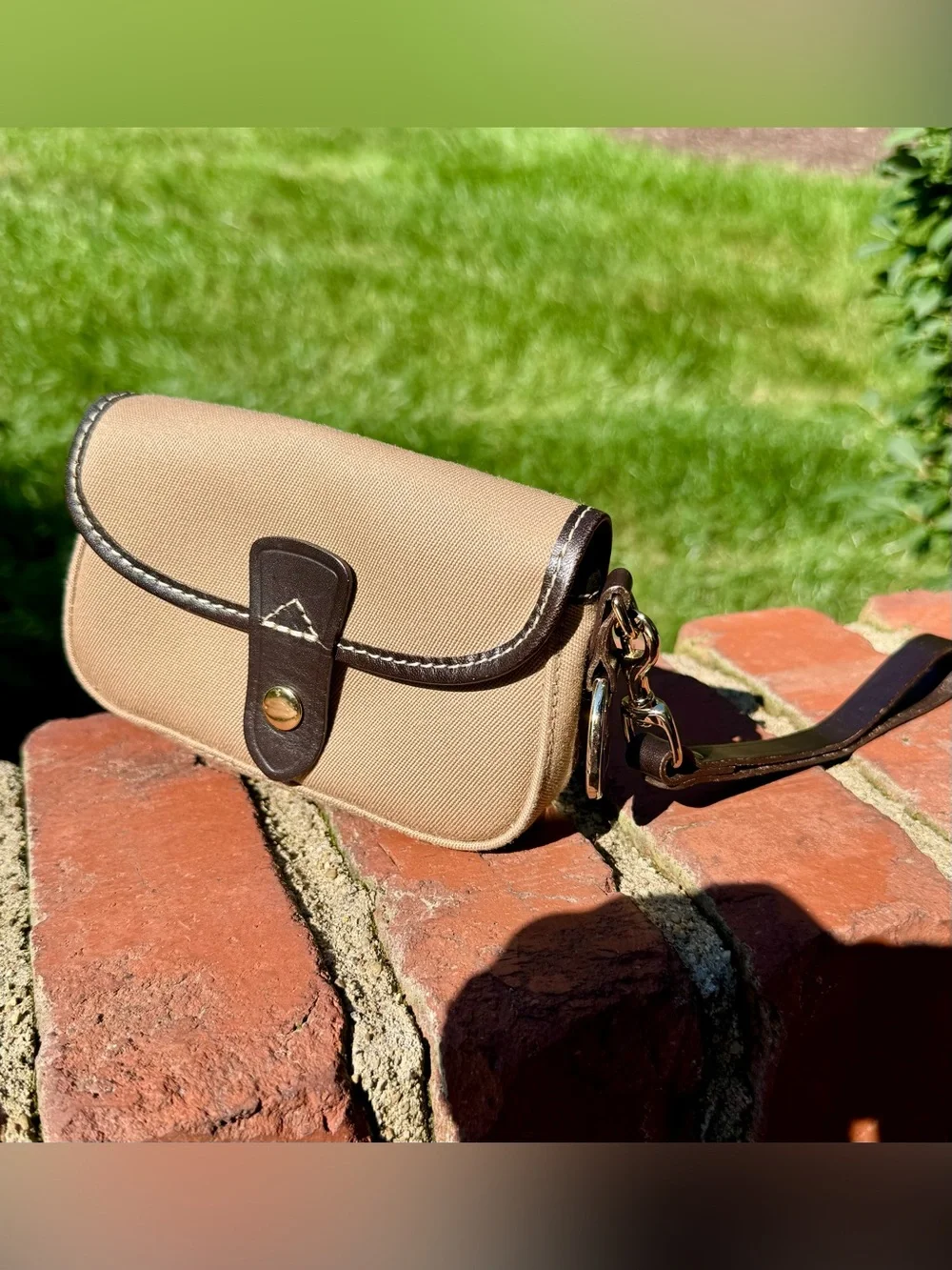 Dooney & Bourke Tan Twill Canvas Flap Wristlet Dark Brown Leather Trim